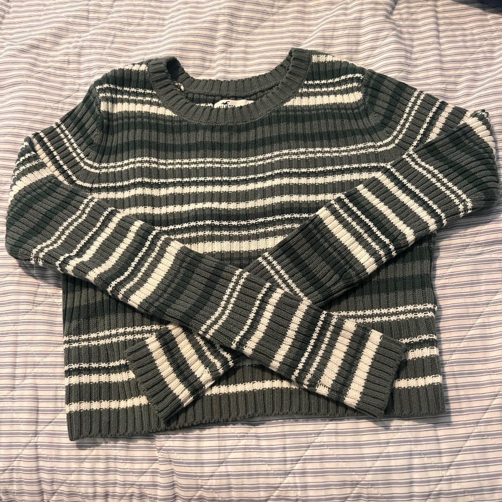 Hollister Striped Crop Thin Sweater Green